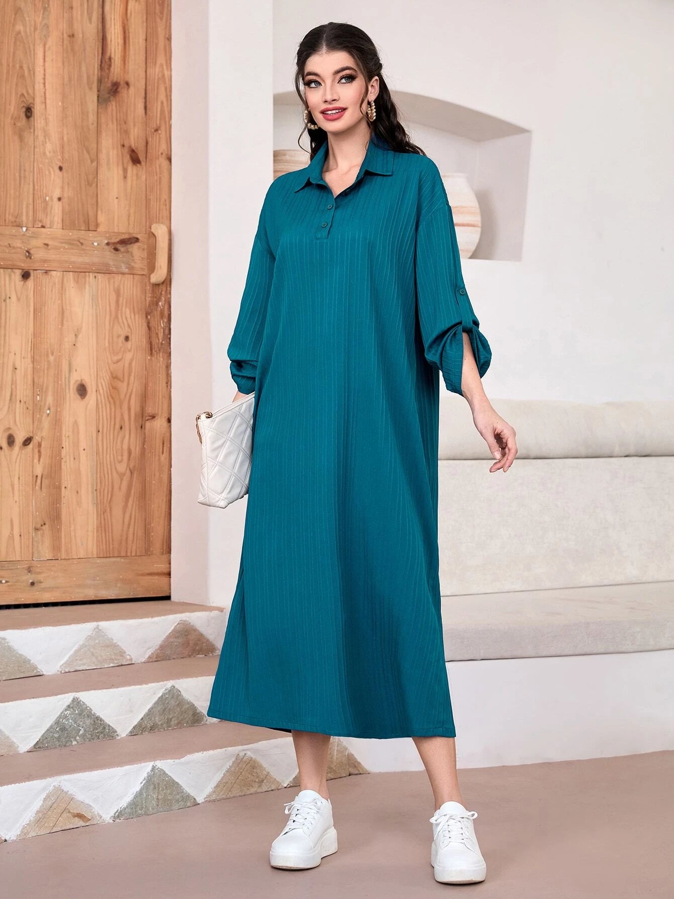 Solid Roll Tab Sleeve Tunic Dress