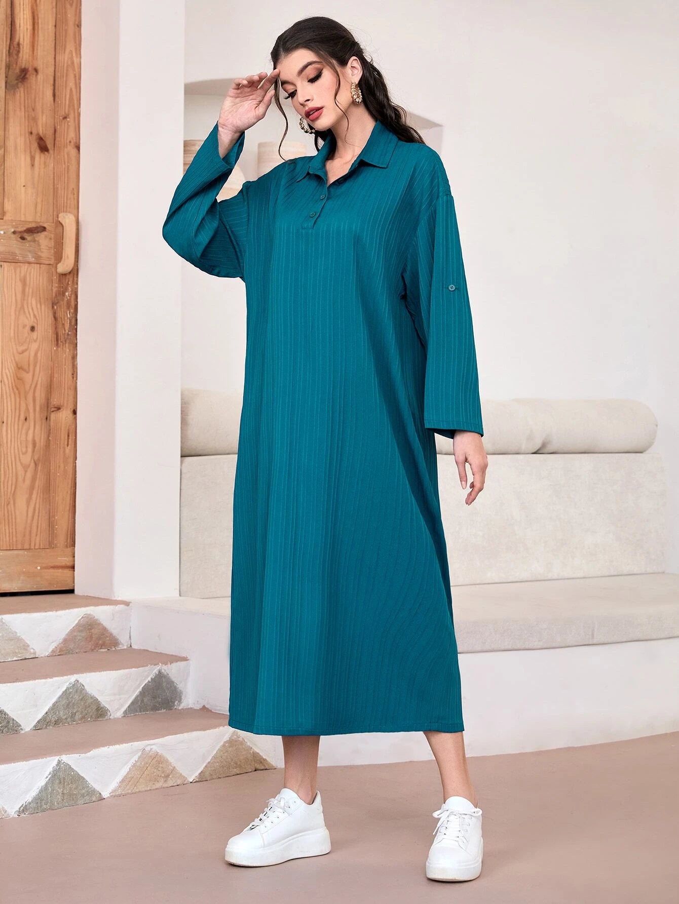 Solid Roll Tab Sleeve Tunic Dress