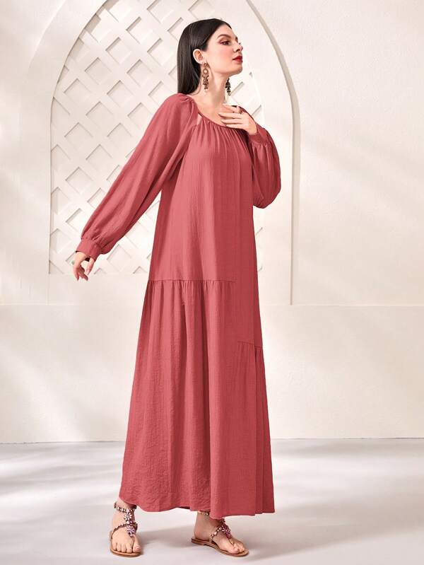 Solid Bishop Sleeve Ruffle Hem Smock Dress (Sein Products)
