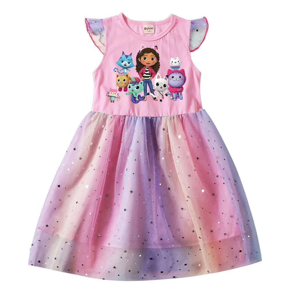 Cartoon Gabby Cats Baby Girl Dresses Kids Gabby's Doll House Clothes Cosplay Costume Children Fly Sleeve Casual Dress + Headband