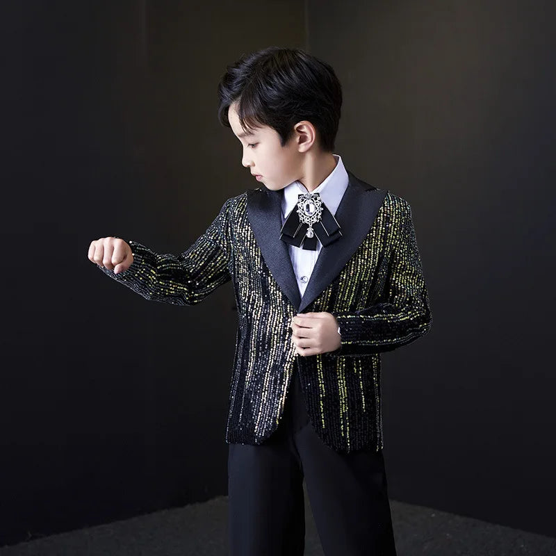 Boys Colorful Sequins Suit Set Children Piano Performance Handsome Catwalk Dress Costume Kids Blazer Flower Clothing Set