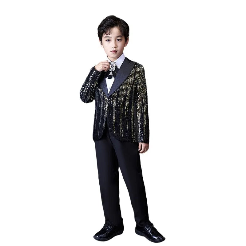 Boys Colorful Sequins Suit Set Children Piano Performance Handsome Catwalk Dress Costume Kids Blazer Flower Clothing Set