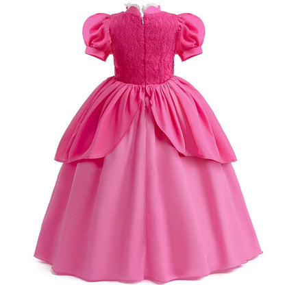 Princess Peach Chiffon Lace Girls Cosplay Dress Baby Kids Vestidos Party Dresses Carnival Halloween Costume for 3-11 years