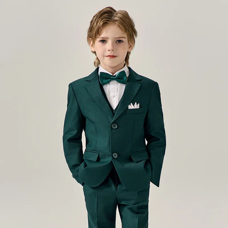 Child Green Formal Slim Fit Suit Set Boys Wedding Birthday Performance Photography Costume Kids Blazer Vest Pants Bowtie Outfit