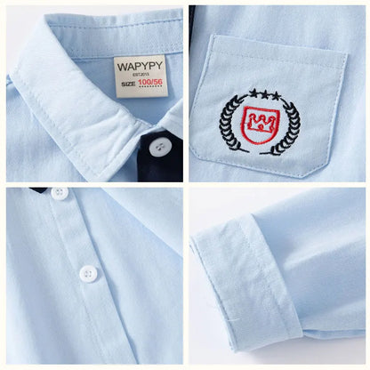 Boys Casual Lapel Shirt Long Sleeves Single-breasted Tops Necktie Children's Printed Cotton Simplicity autumn Blouses Student