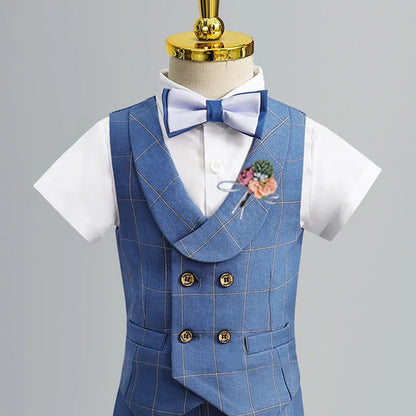 Child Formal Vest Suit Set Boy Summer Autumn Wedding Baby First Birthday Piano Performance Costume Kids Waistcoat Shorts Clothes