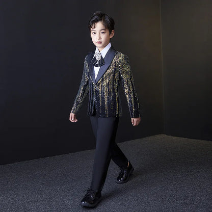 Boys Colorful Sequins Suit Set Children Piano Performance Handsome Catwalk Dress Costume Kids Blazer Flower Clothing Set