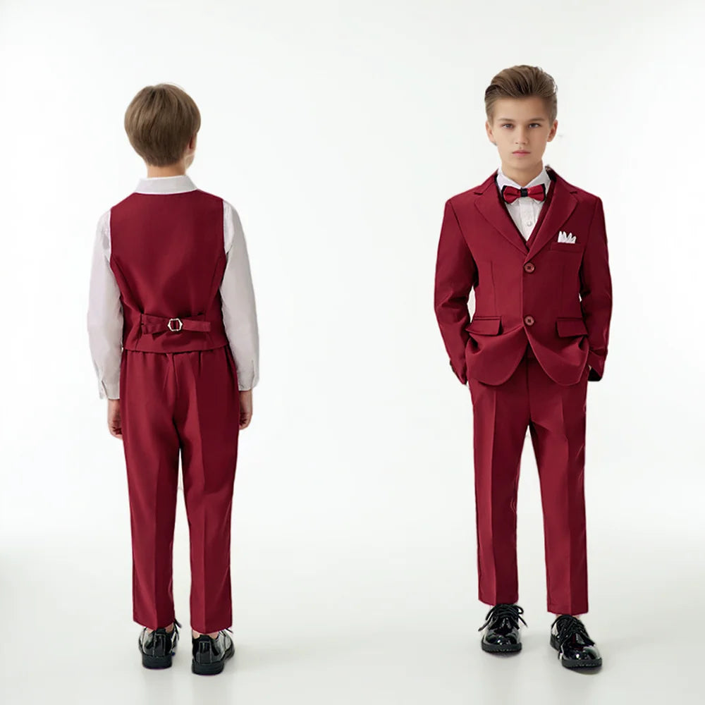Boys Red High-end Suit Set  Child Performance Wedding Birthday Photography Costume Kids Blazer Vest Pants Bowtie Outfit