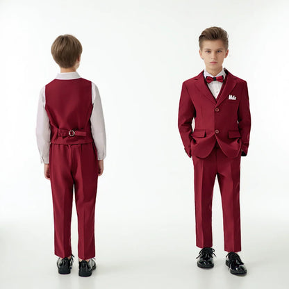 Boys Red High-end Suit Set  Child Performance Wedding Birthday Photography Costume Kids Blazer Vest Pants Bowtie Outfit