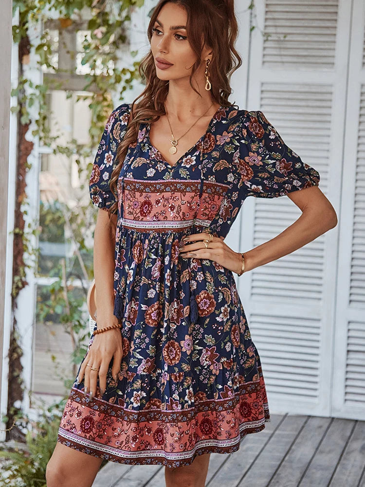 Puff Sleeve Summer Dress Women Loose Ruffle Boho Beach Sundress Green Vintage Elegant Lace-up Mini Dresses