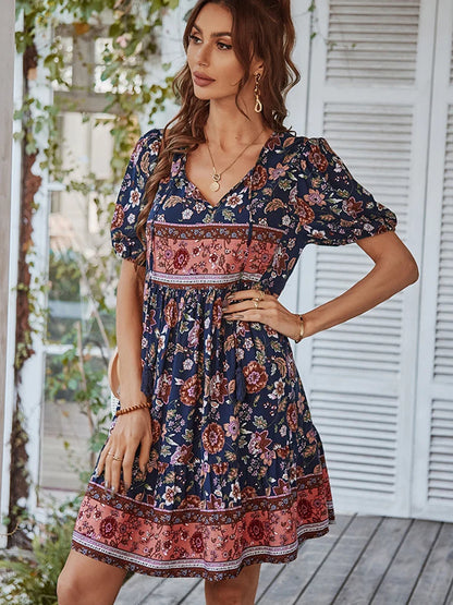 Puff Sleeve Summer Dress Women Loose Ruffle Boho Beach Sundress Green Vintage Elegant Lace-up Mini Dresses