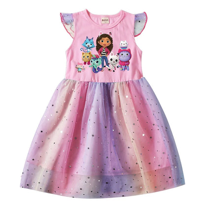 Cartoon Gabby Cats Baby Girl Dresses Kids Gabby's Doll House Clothes Cosplay Costume Children Fly Sleeve Casual Dress + Headband