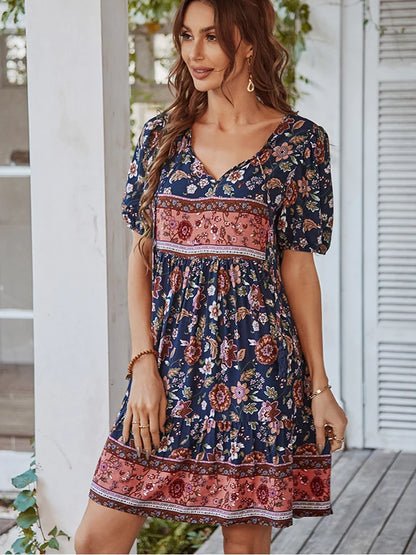 Puff Sleeve Summer Dress Women Loose Ruffle Boho Beach Sundress Green Vintage Elegant Lace-up Mini Dresses
