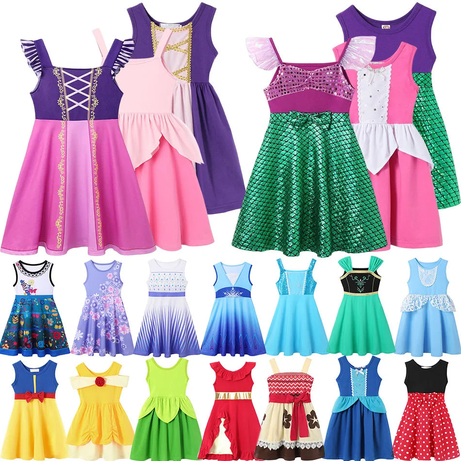2-10Y Cute Girl Princess Style Summer Vest Dress Cotton Knee Length Sundress Toddler Elsa Ariel Rapunzel Anna Role Play Clothing