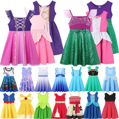 2-10Y Cute Girl Princess Style Summer Vest Dress Cotton Knee Length Sundress Toddler Elsa Ariel Rapunzel Anna Role Play Clothing