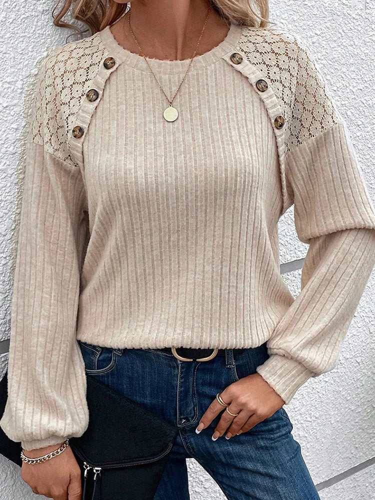 Lace Stitching T-shirt For Women Long Sleeve Tops Button Shirts & Blouses Round Neck Pulovers