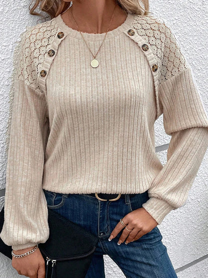 Lace Stitching T-shirt For Women Long Sleeve Tops Button Shirts & Blouses Round Neck Pulovers