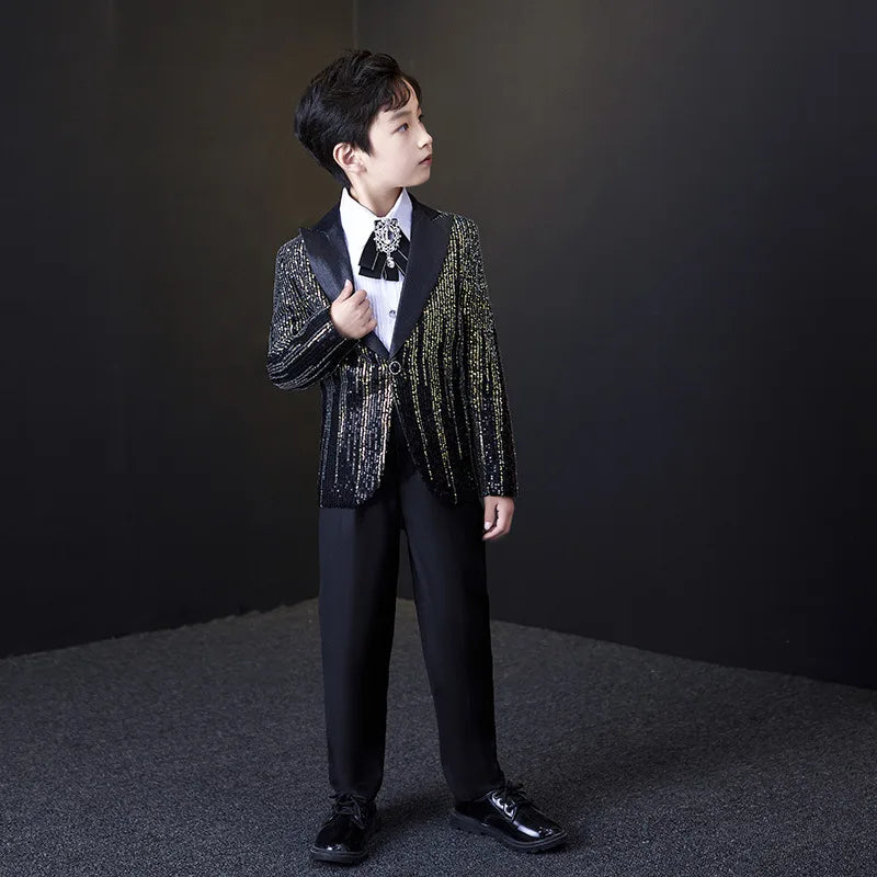 Boys Colorful Sequins Suit Set Children Piano Performance Handsome Catwalk Dress Costume Kids Blazer Flower Clothing Set