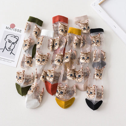 New Kawaii Cartoon Cat Cute Socks Women Summer Ultra-thin Transparent Crystal Silk Socks Casual Female Comfortable Lace Socks