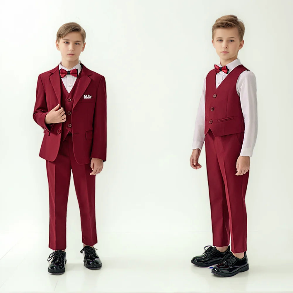 Boys Red High-end Suit Set  Child Performance Wedding Birthday Photography Costume Kids Blazer Vest Pants Bowtie Outfit