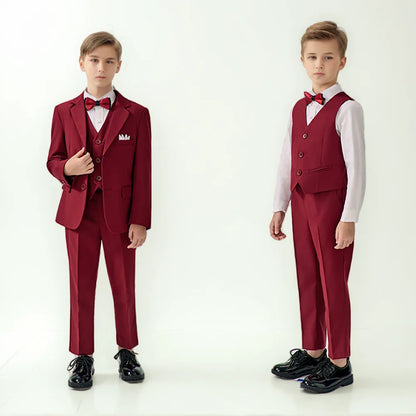 Boys Red High-end Suit Set  Child Performance Wedding Birthday Photography Costume Kids Blazer Vest Pants Bowtie Outfit