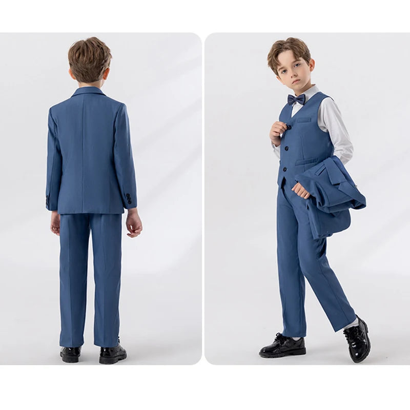 Child Autumn Formal Solid Color Suit Set Kids Performance Piano Host Wedding Party Costume Kids Blazer Vest Pants Bowtie Outfit