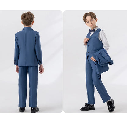 Child Autumn Formal Solid Color Suit Set Kids Performance Piano Host Wedding Party Costume Kids Blazer Vest Pants Bowtie Outfit