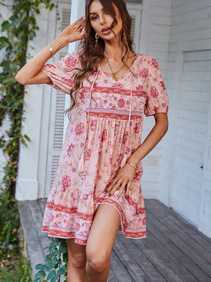 Puff Sleeve Summer Dress Women Loose Ruffle Boho Beach Sundress Green Vintage Elegant Lace-up Mini Dresses