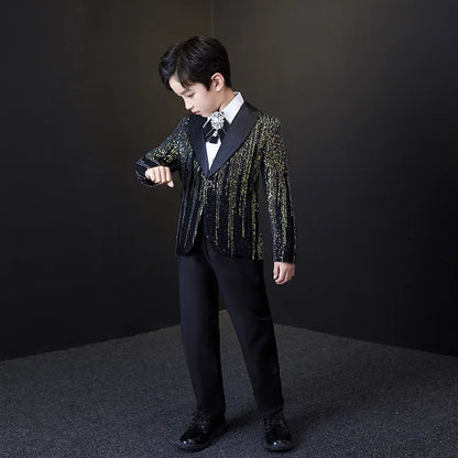 Boys Colorful Sequins Suit Set Children Piano Performance Handsome Catwalk Dress Costume Kids Blazer Flower Clothing Set