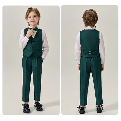 Child Green Formal Slim Fit Suit Set Boys Wedding Birthday Performance Photography Costume Kids Blazer Vest Pants Bowtie Outfit