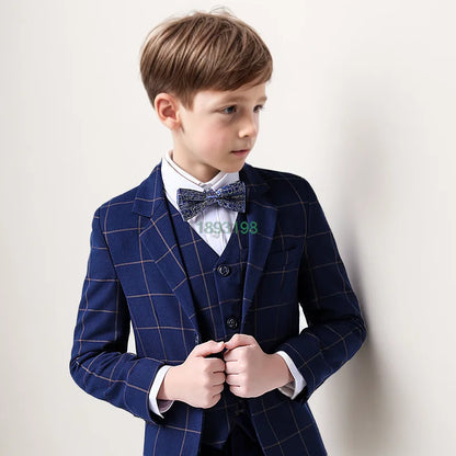 Boys Formal Plaid Slim Fit Dress Suits Ring Bearer Outfit Child Wedding Party Performance Photography Costume Kids Tuxedo Dress