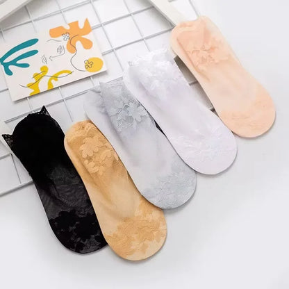 5 Pairs Summer Pure Cotton Women Socks Leaves Lace Invisible Thin Ladies Boat Hollow Non-slip Shallow Stockings