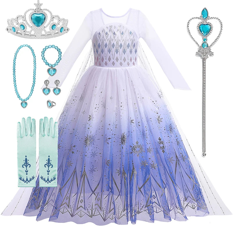 Disney Forzen Elsa Dress Kids Princess Cosplay Costume for Baby Girls Halloween Costume Girls 2-8 Years Christmas Birthday Gift