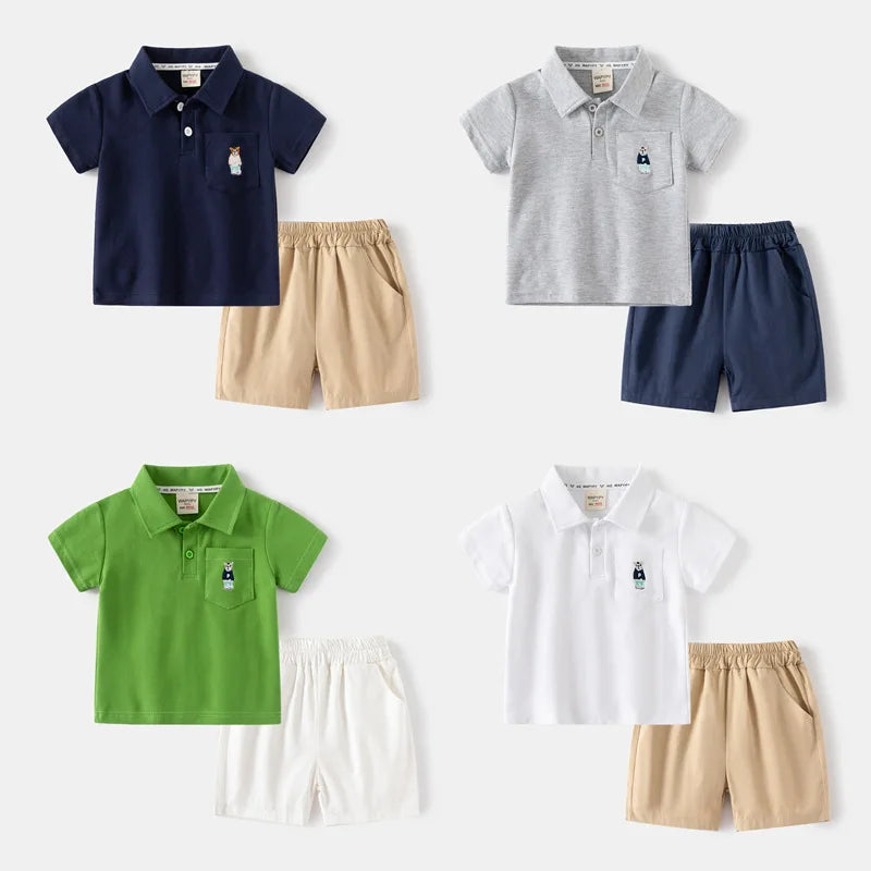 Children's  Set Lapel collar T-shirt+Shorts Kids  Summer Clothing Set Cute Cartoon  Boy Outfit Set Infant Toddler POLO shirt