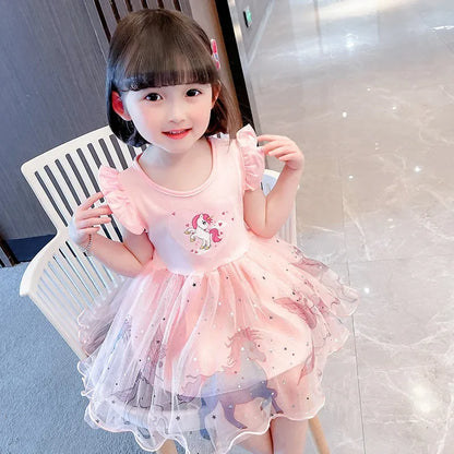 Girls Clothes 2024 New Summer Princess Dresses Flying Sleeve Kids Dress Unicorn Party Baby Dresses for Children Clothing 1-6Y