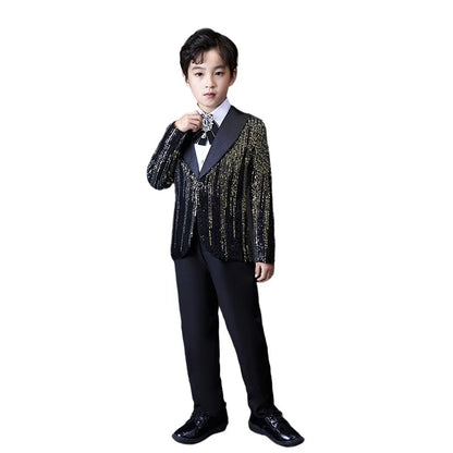 Boys Colorful Sequins Suit Set Children Piano Performance Handsome Catwalk Dress Costume Kids Blazer Flower Clothing Set