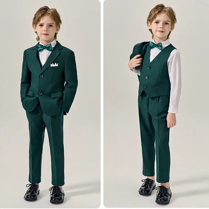 Child Green Formal Slim Fit Suit Set Boys Wedding Birthday Performance Photography Costume Kids Blazer Vest Pants Bowtie Outfit