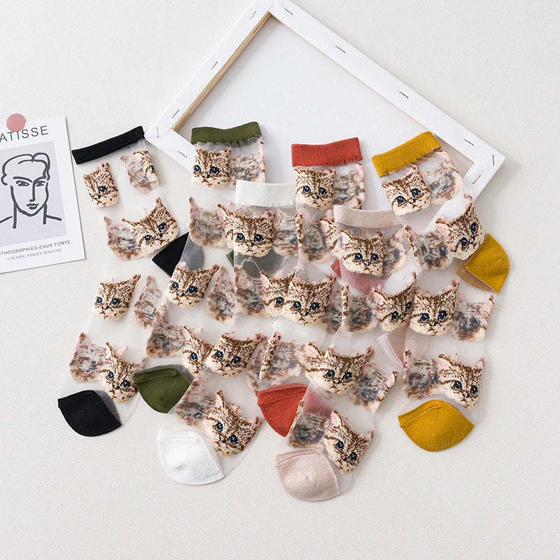 New Kawaii Cartoon Cat Cute Socks Women Summer Ultra-thin Transparent Crystal Silk Socks Casual Female Comfortable Lace Socks