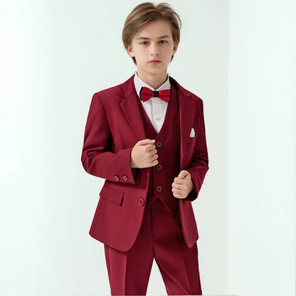 Boys Red High-end Suit Set  Child Performance Wedding Birthday Photography Costume Kids Blazer Vest Pants Bowtie Outfit