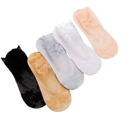 5 Pairs Summer Pure Cotton Women Socks Leaves Lace Invisible Thin Ladies Boat Hollow Non-slip Shallow Stockings