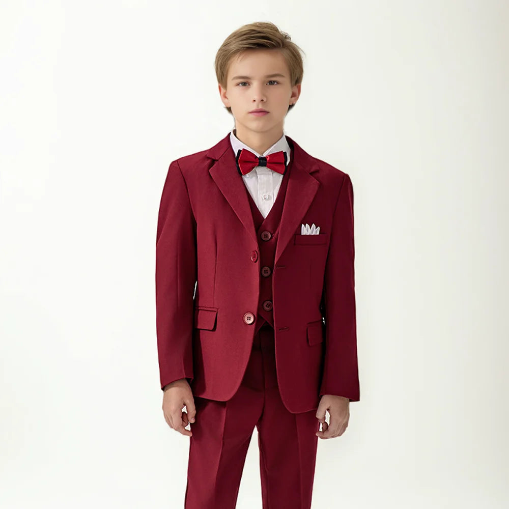 Boys Red High-end Suit Set  Child Performance Wedding Birthday Photography Costume Kids Blazer Vest Pants Bowtie Outfit