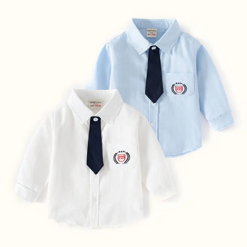 Boys Casual Lapel Shirt Long Sleeves Single-breasted Tops Necktie Children's Printed Cotton Simplicity autumn Blouses Student