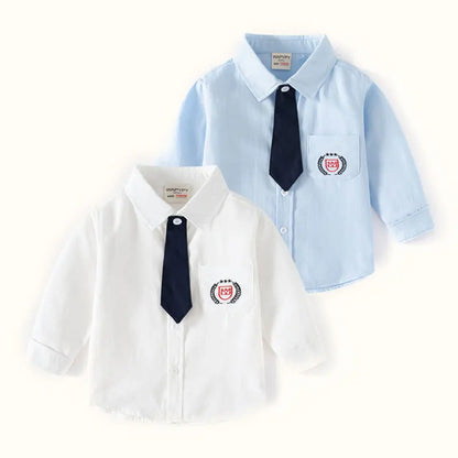 Boys Casual Lapel Shirt Long Sleeves Single-breasted Tops Necktie Children's Printed Cotton Simplicity autumn Blouses Student