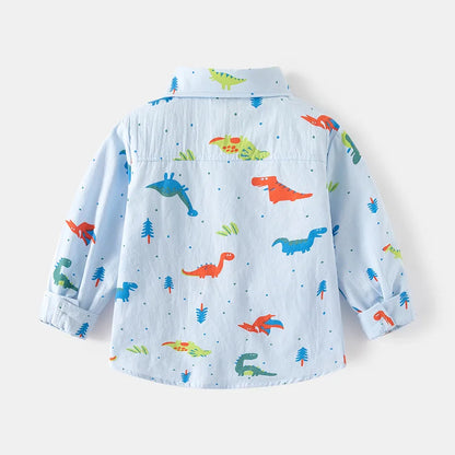 Boy Trendy  Shirt Breathable Durable Kids Casual  Long sleeved Dinosaur pattern Front Button Tops  Autumn  Children clothing