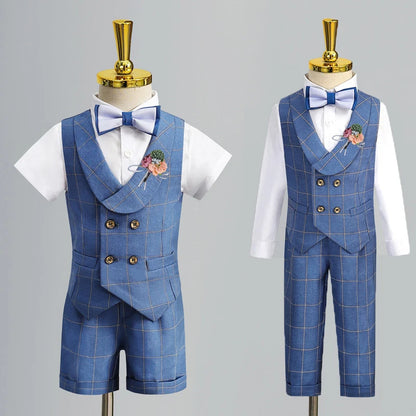 Child Formal Vest Suit Set Boy Summer Autumn Wedding Baby First Birthday Piano Performance Costume Kids Waistcoat Shorts Clothes