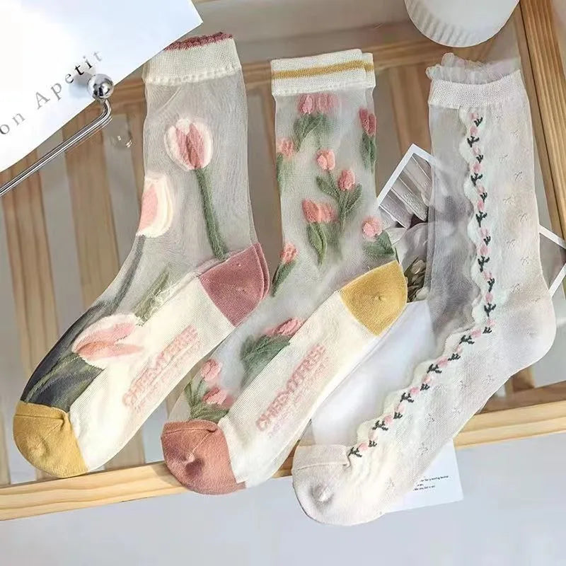 High-value ultra-thin tulip fairy style transparent crystal glass stockings trendy niche card stockings