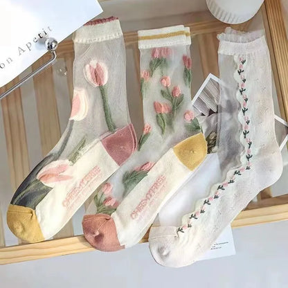 High-value ultra-thin tulip fairy style transparent crystal glass stockings trendy niche card stockings