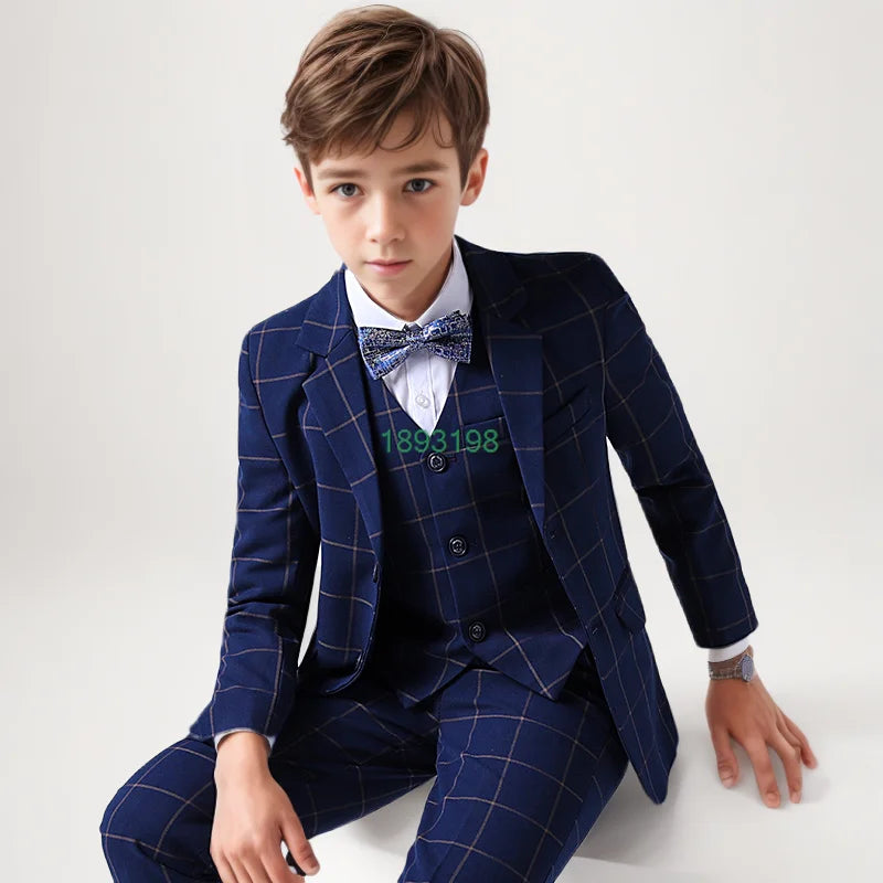 Boys Formal Plaid Slim Fit Dress Suits Ring Bearer Outfit Child Wedding Party Performance Photography Costume Kids Tuxedo Dress