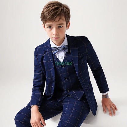 Boys Formal Plaid Slim Fit Dress Suits Ring Bearer Outfit Child Wedding Party Performance Photography Costume Kids Tuxedo Dress