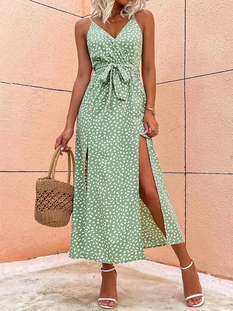 Summer Long Dress Women Backless Bandage Slit Beach Sundresses Casual Elegant V Neck Sleeveless Dress